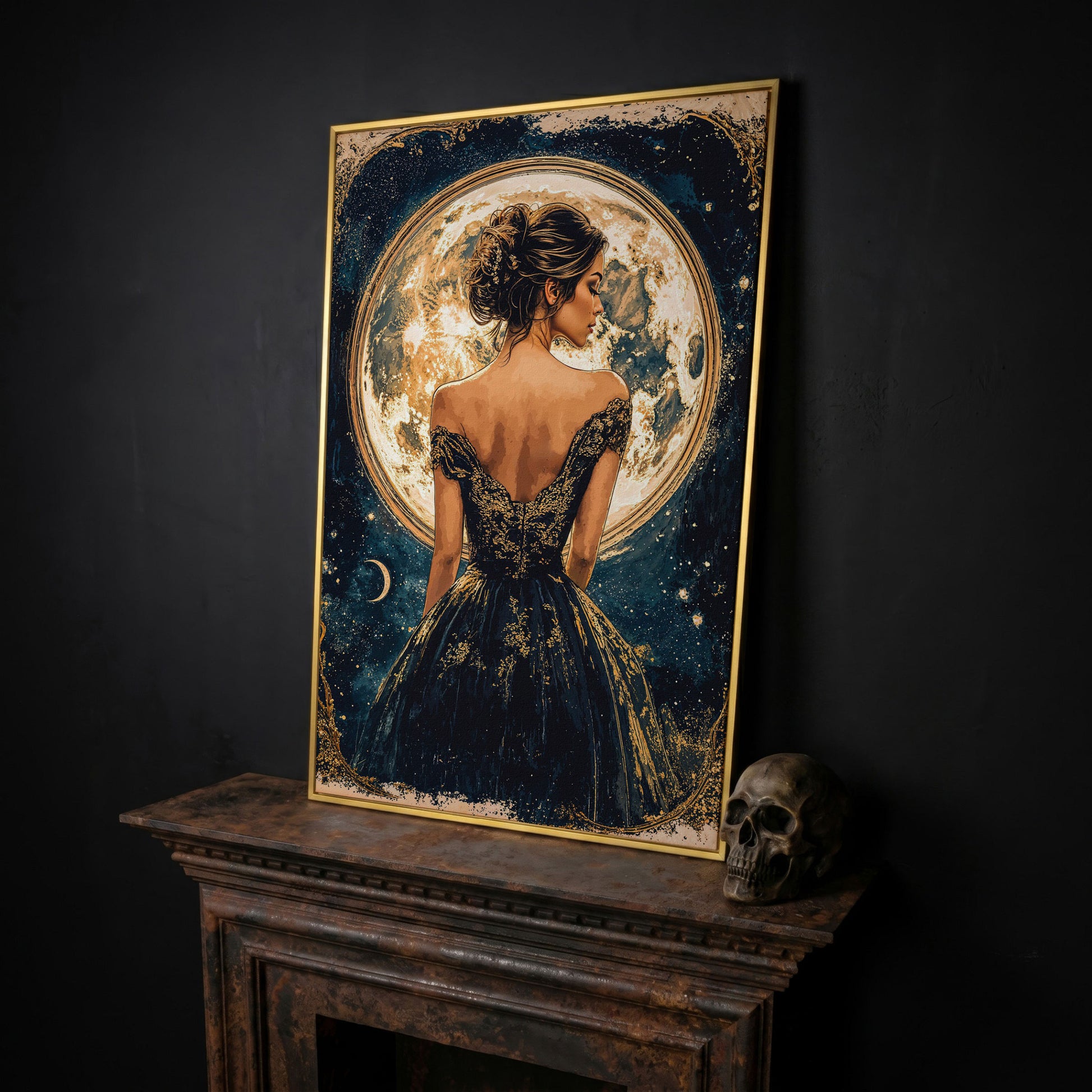 Full Moon Woman Portrait Canvas Print in yellow gold floating frame