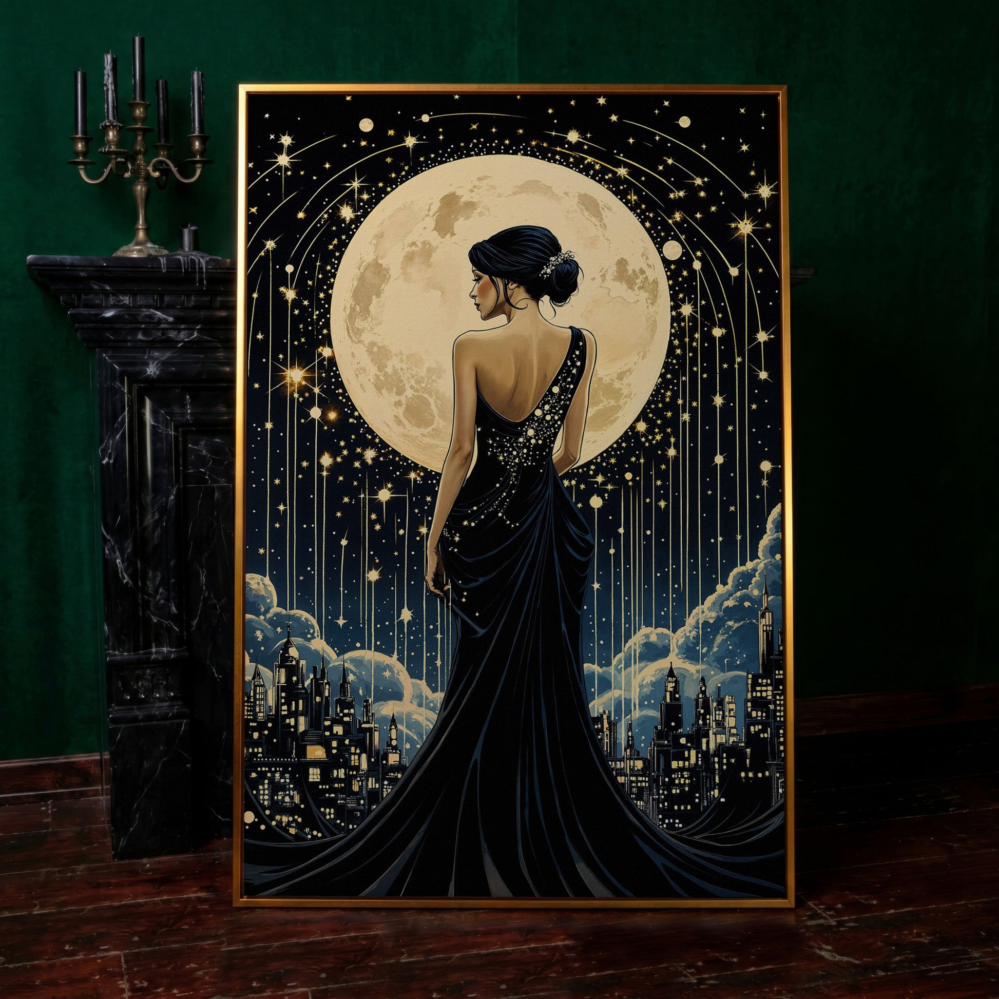 Moonlit Cityscape with Woman Canvas in antique gold floating frame