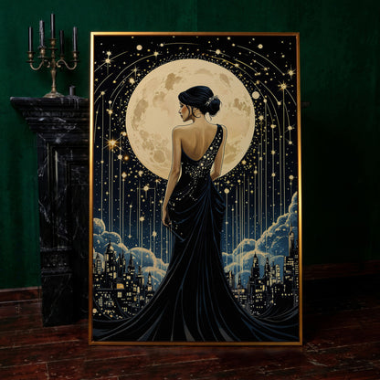 Moonlit Cityscape with Woman Canvas in antique gold floating frame