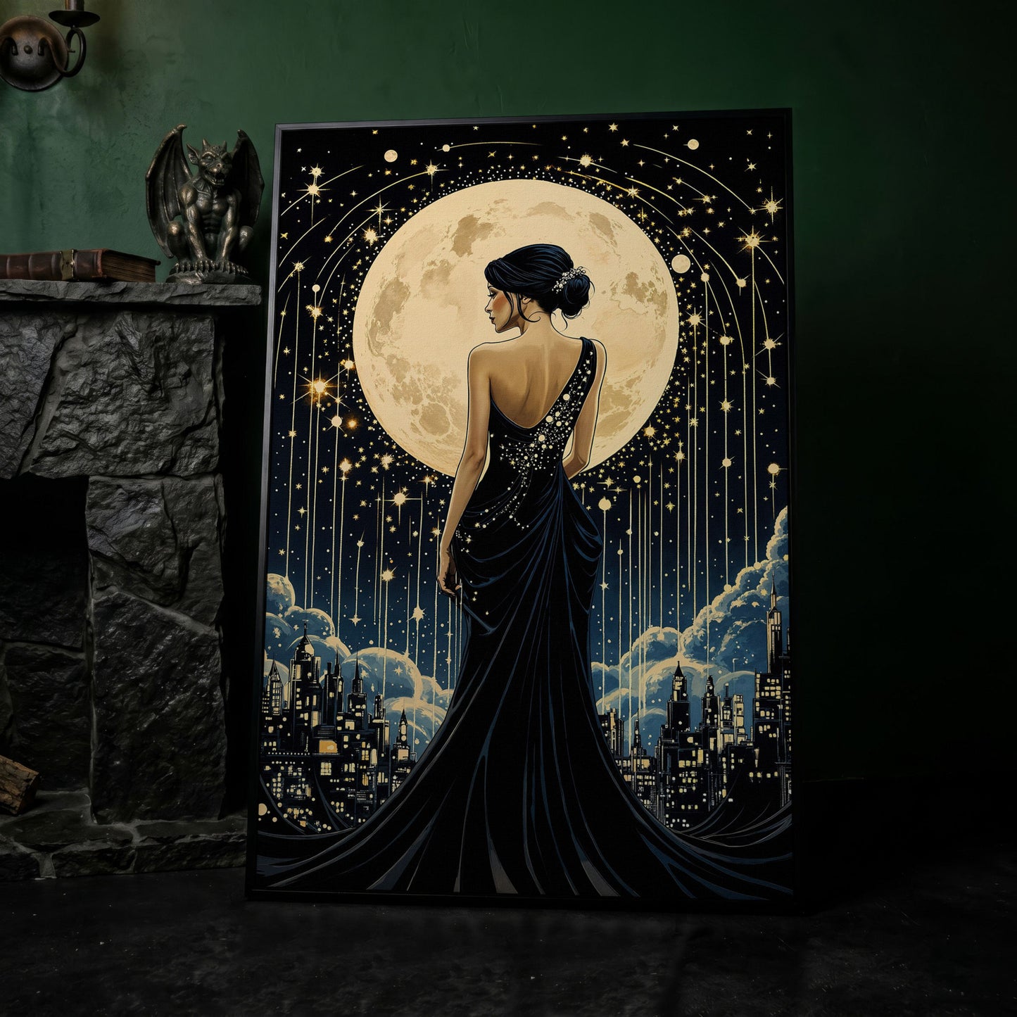 Moonlit Cityscape with Woman Canvas in black floating frame