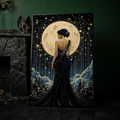 Moonlit Cityscape with Woman Canvas in black floating frame