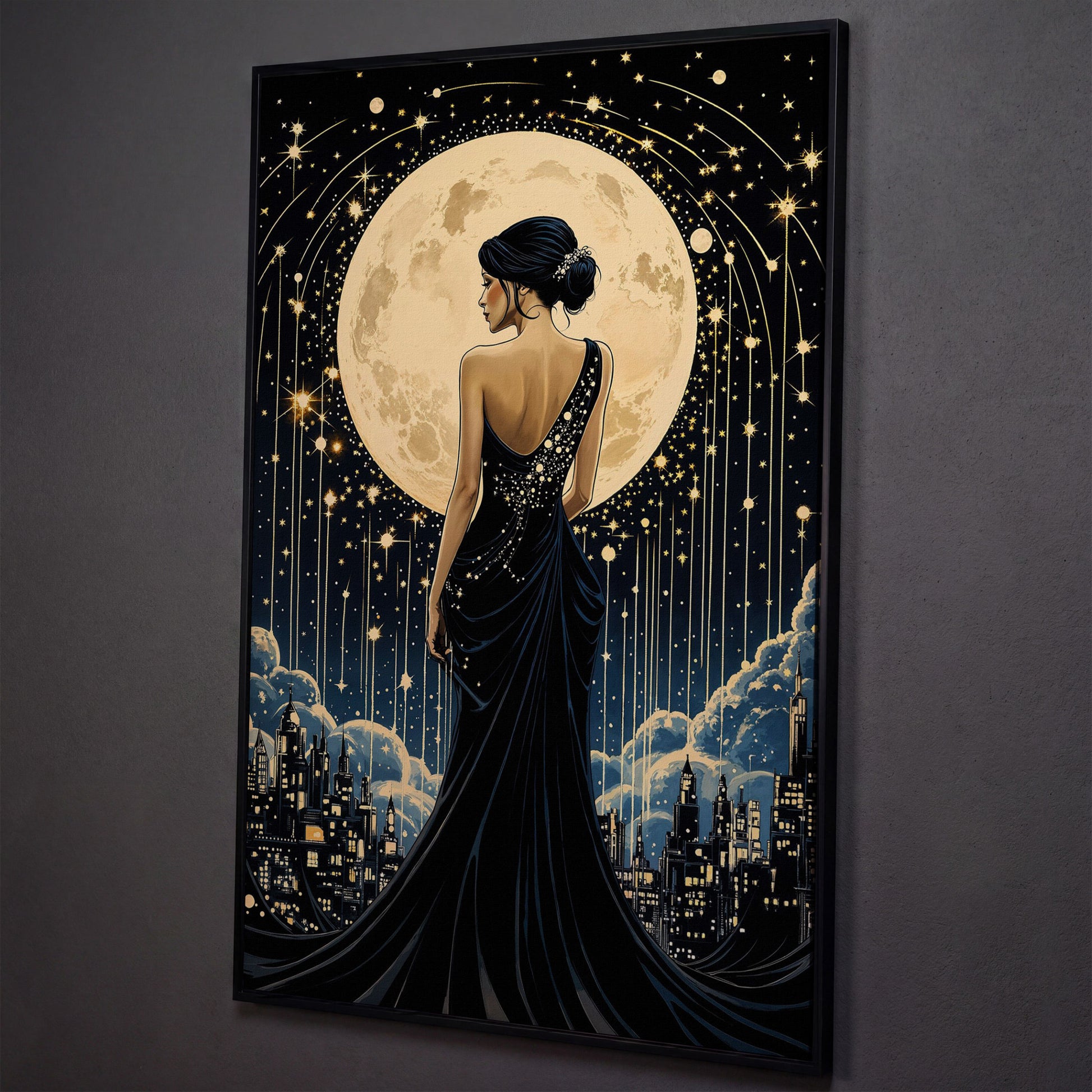 Moonlit Cityscape with Woman Canvas shown in black floating frame