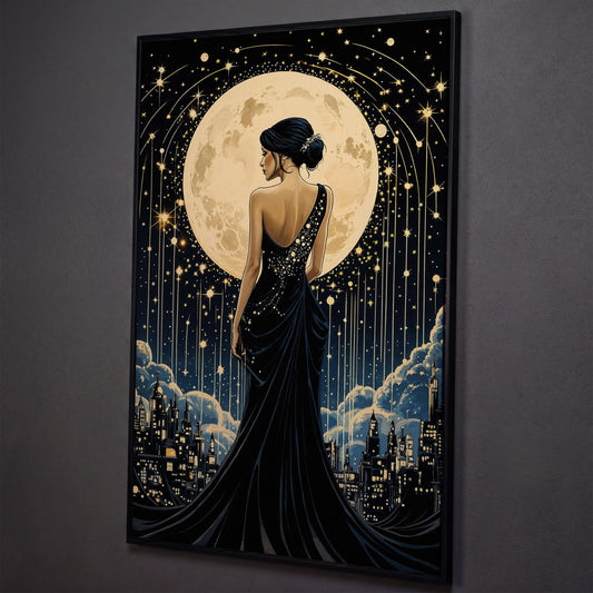 Moonlit Cityscape with Woman Canvas shown in black floating frame