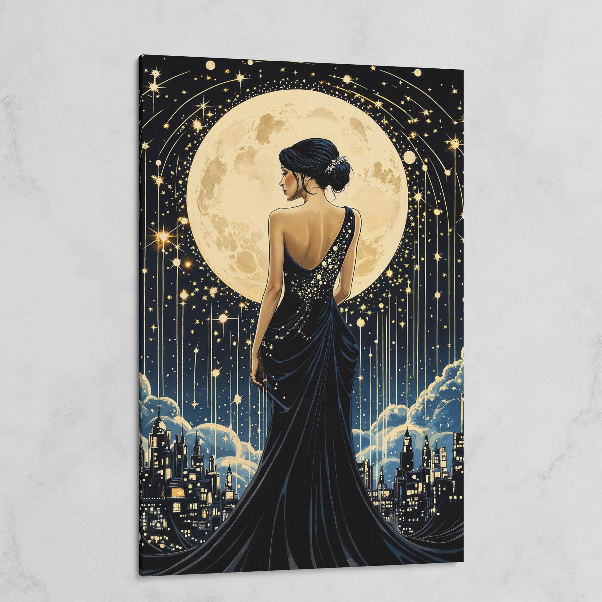 Moonlit Cityscape with Woman Canvas on gallery wrap