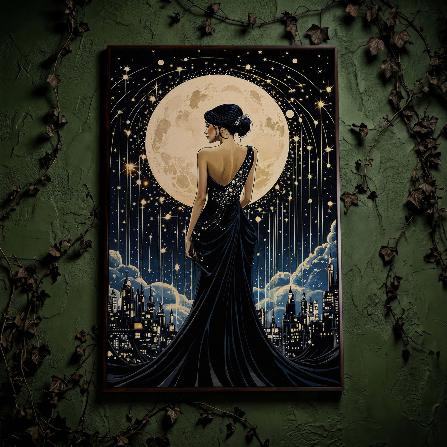 Moonlit Cityscape with Woman Canvas in dark walnut floating frame