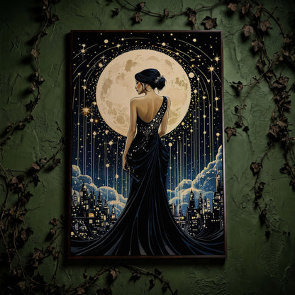 Moonlit Cityscape with Woman Canvas in dark walnut floating frame