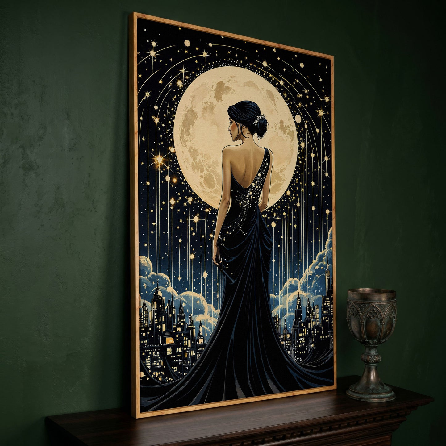 Moonlit Cityscape with Woman Canvas in white oak floating frame