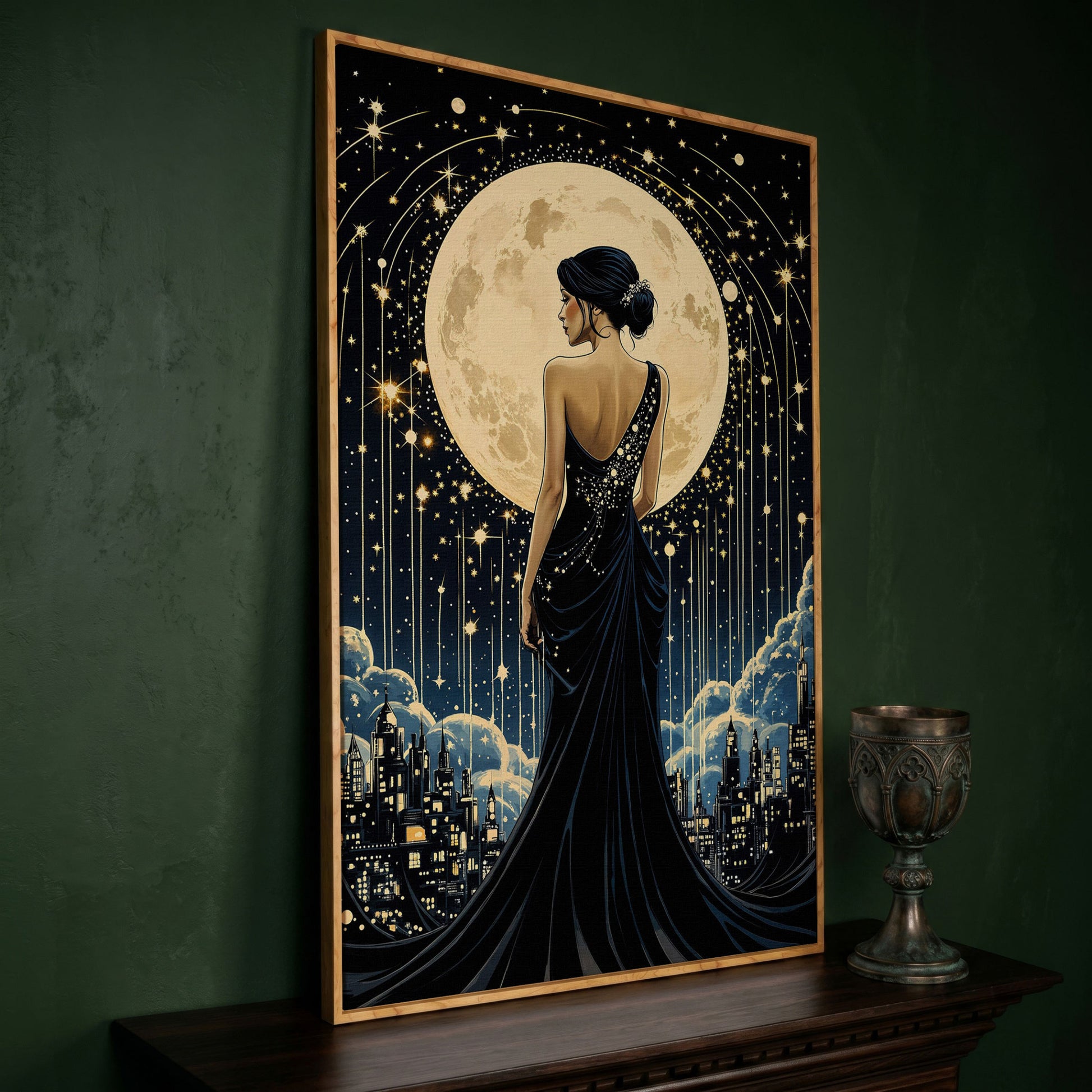 Moonlit Cityscape with Woman Canvas in white oak floating frame