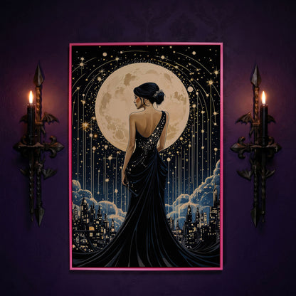 Moonlit Cityscape with Woman Canvas in pink floating frame