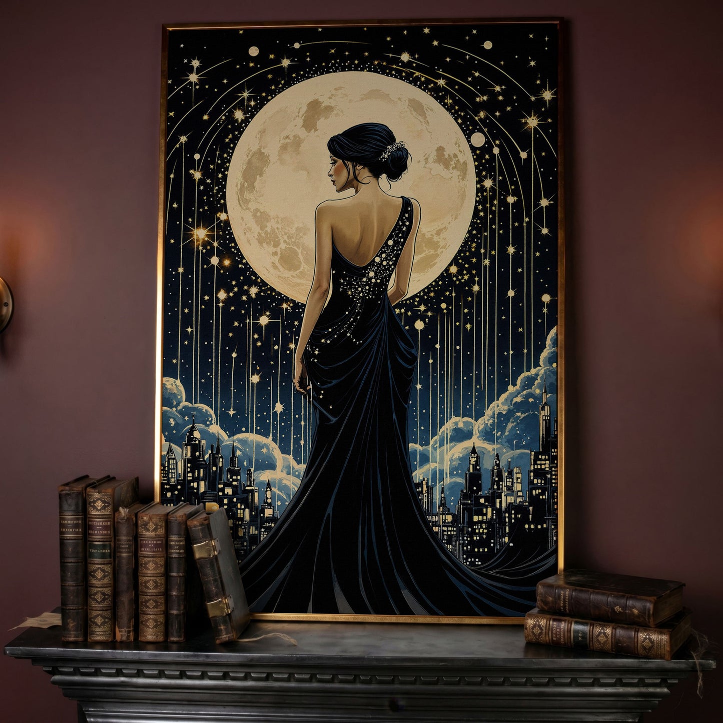 Moonlit Cityscape with Woman Canvas in rose gold floating frame