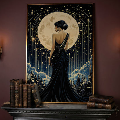 Moonlit Cityscape with Woman Canvas in rose gold floating frame