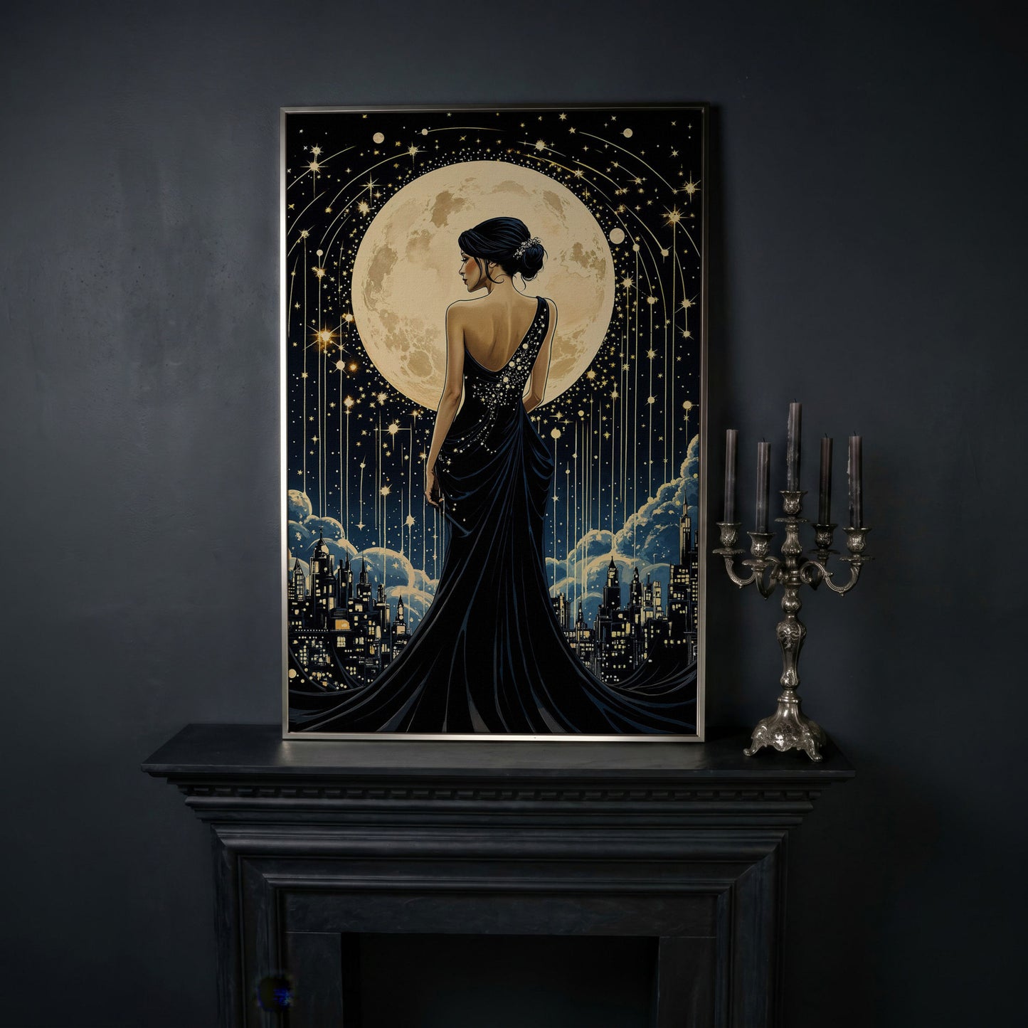Moonlit Cityscape with Woman Canvas in silver floating frame