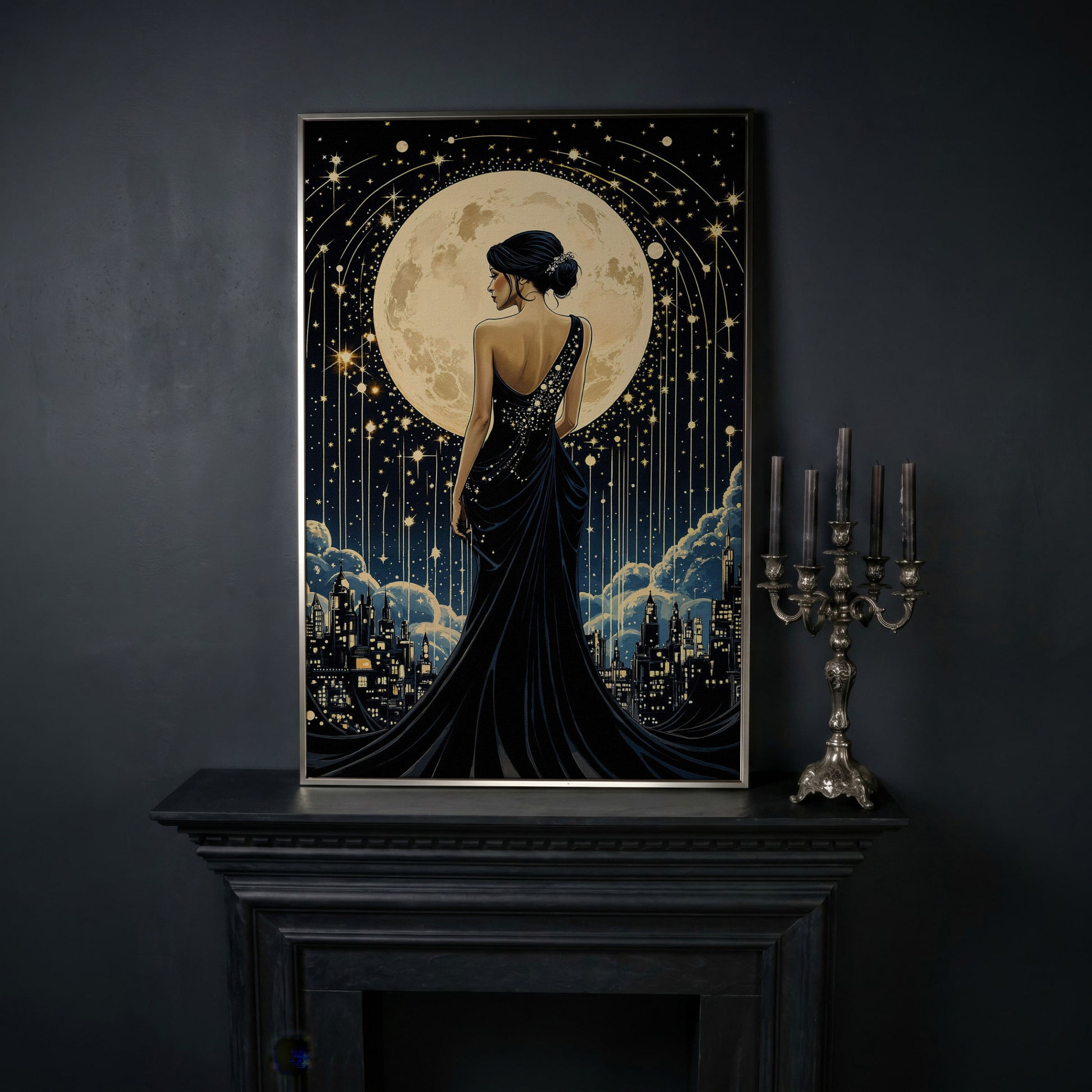 Moonlit Cityscape with Woman Canvas in silver floating frame