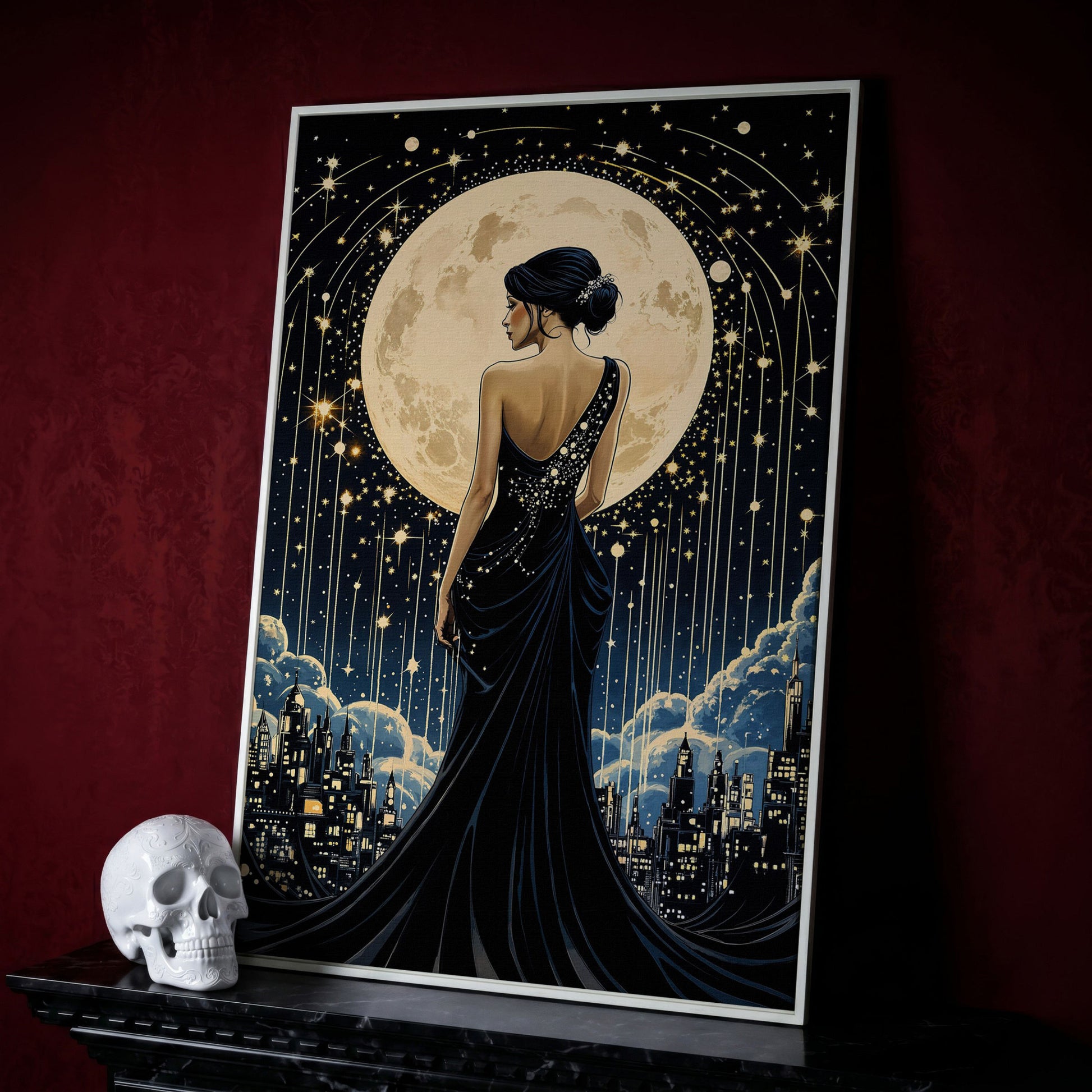 Moonlit Cityscape with Woman Canvas in white floating frame