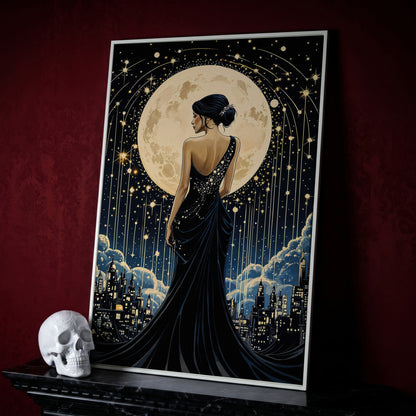 Moonlit Cityscape with Woman Canvas in white floating frame