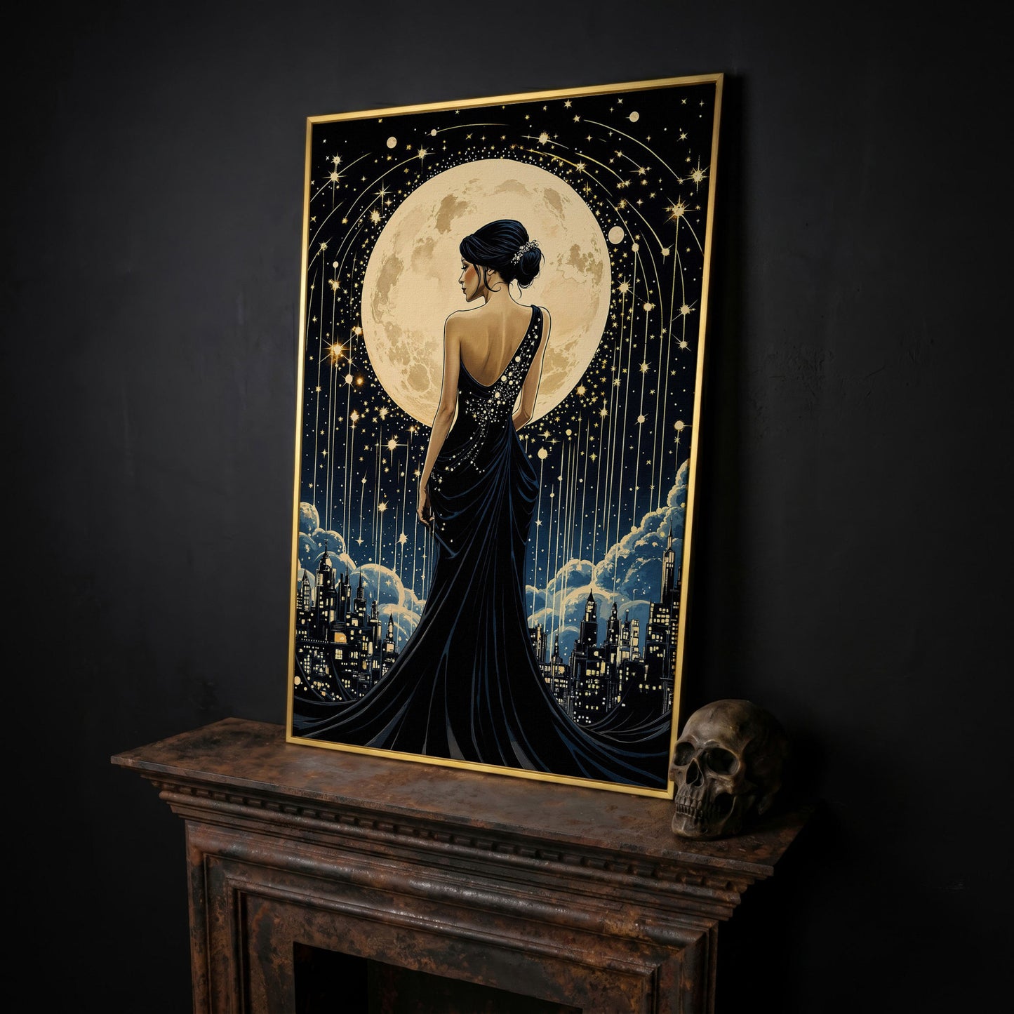 Moonlit Cityscape with Woman Canvas in yellow gold floating frame