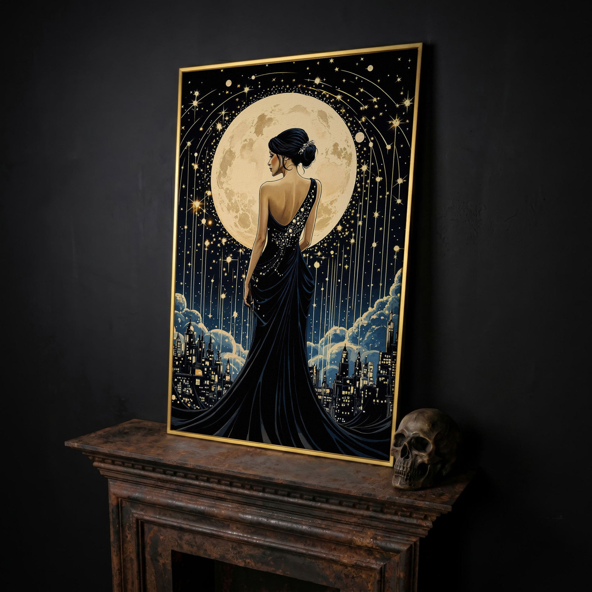 Moonlit Cityscape with Woman Canvas in yellow gold floating frame