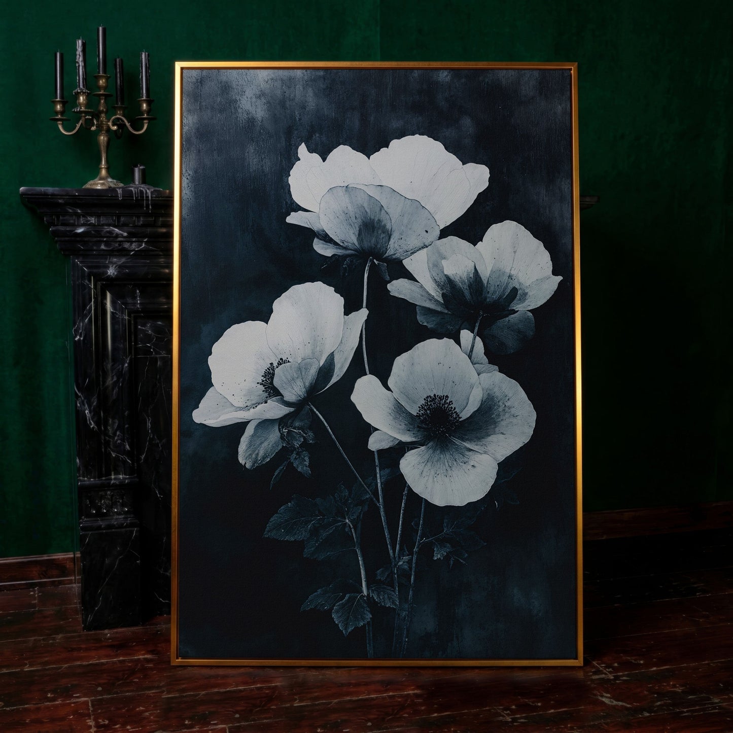 Gothic Floral Canvas with White Blooms on Indigo in antique gold floating frame