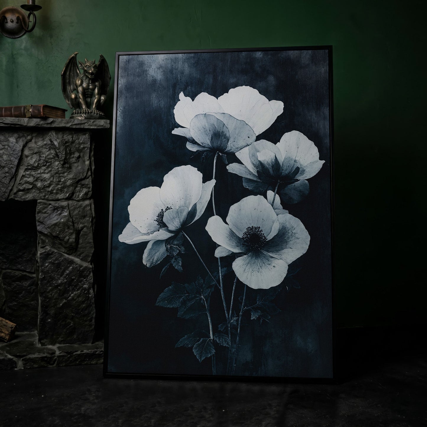 Gothic Floral Canvas with White Blooms on Indigo in black floating frame