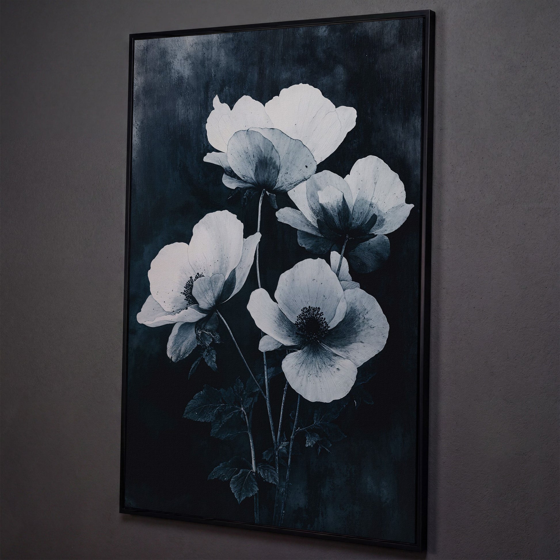 Gothic Floral Canvas with White Blooms on Indigo shown in black floating frame