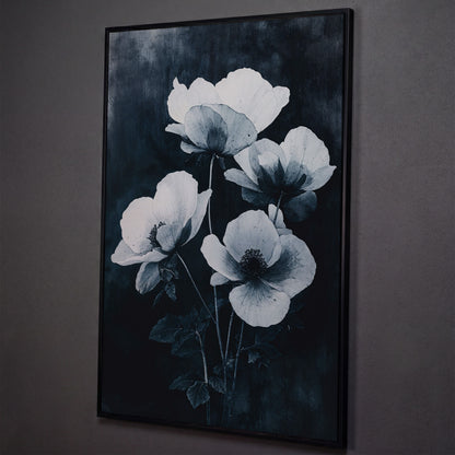 Gothic Floral Canvas with White Blooms on Indigo shown in black floating frame