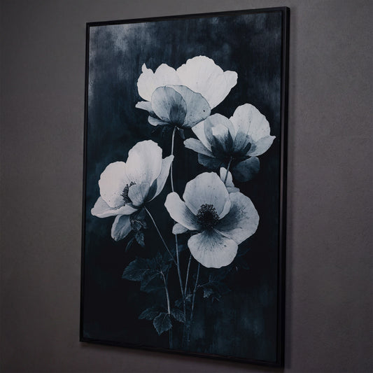Gothic Floral Canvas with White Blooms on Indigo shown in black floating frame
