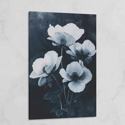 Gothic Floral Canvas with White Blooms on Indigo on gallery wrap