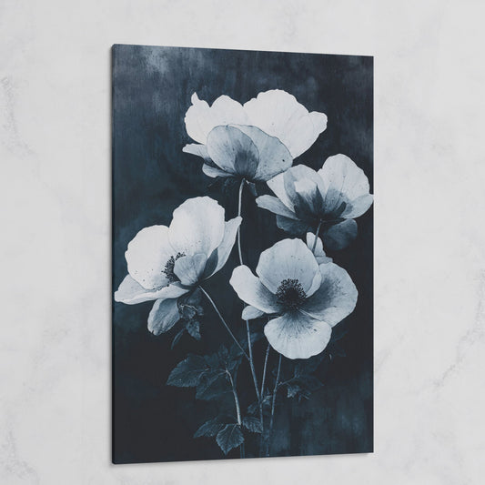 Gothic Floral Canvas with White Blooms on Indigo on gallery wrap
