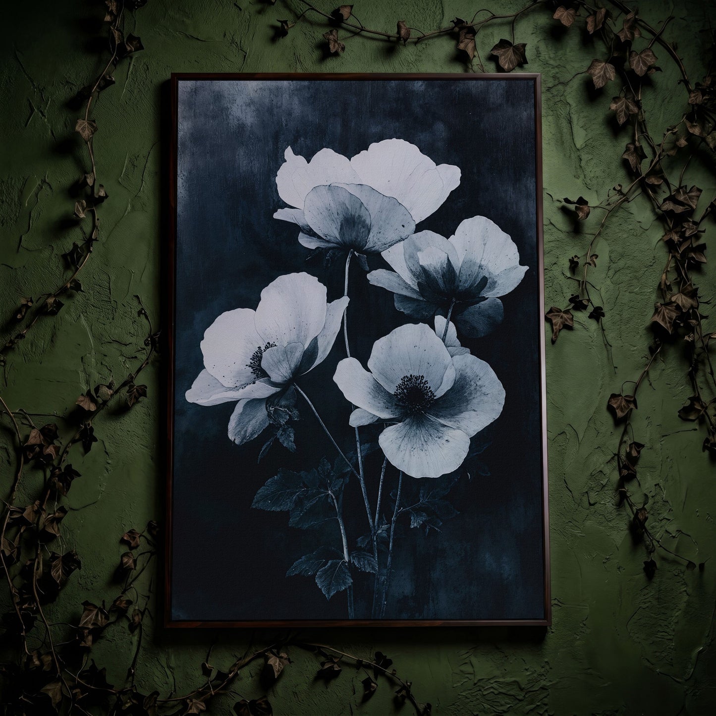 Gothic Floral Canvas with White Blooms on Indigo in dark walnut floating frame