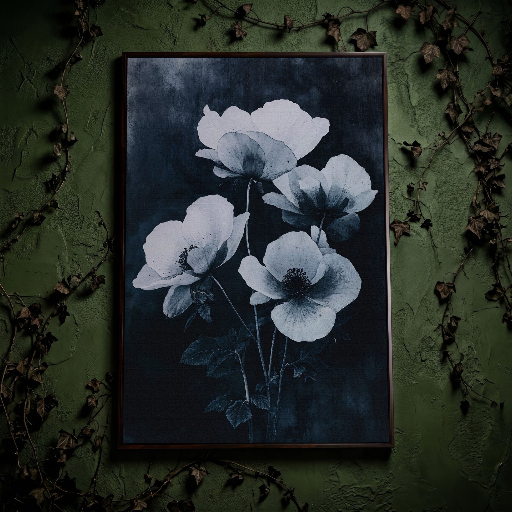 Gothic Floral Canvas with White Blooms on Indigo in dark walnut floating frame