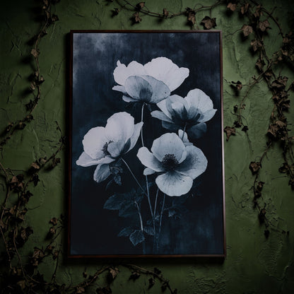 Gothic Floral Canvas with White Blooms on Indigo in dark walnut floating frame