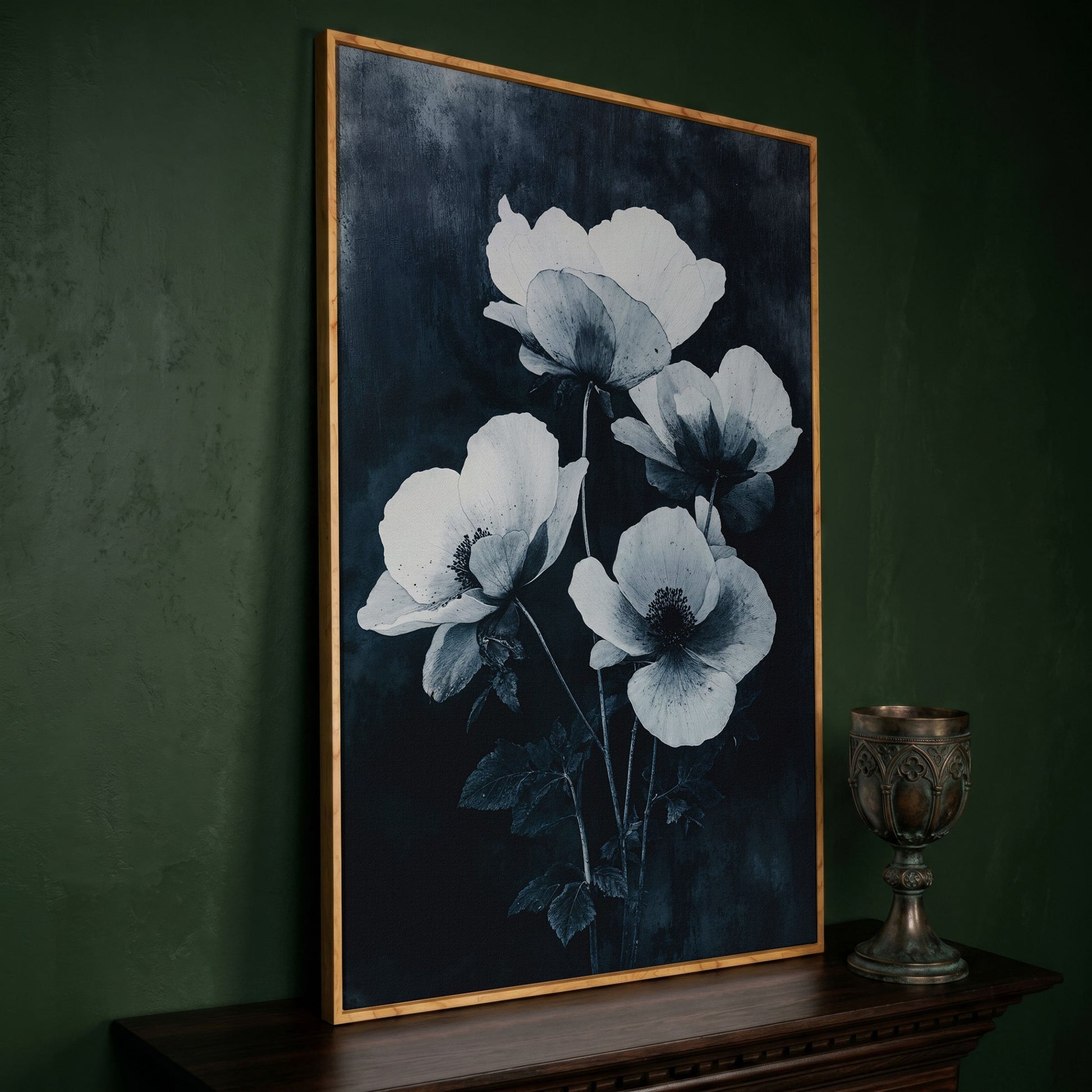 Gothic Floral Canvas with White Blooms on Indigo in white oak floating frame
