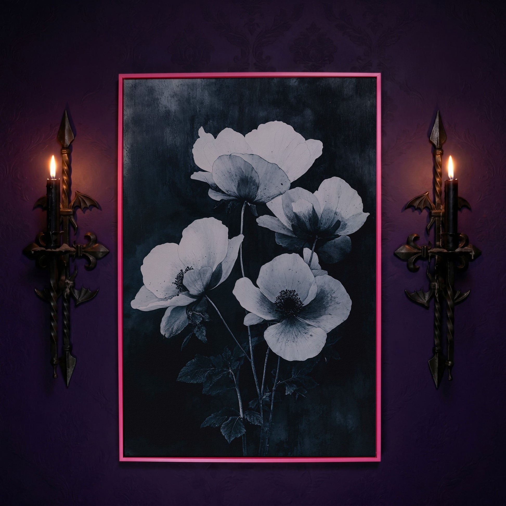Gothic Floral Canvas with White Blooms on Indigo in pink floating frame