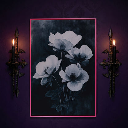 Gothic Floral Canvas with White Blooms on Indigo in pink floating frame