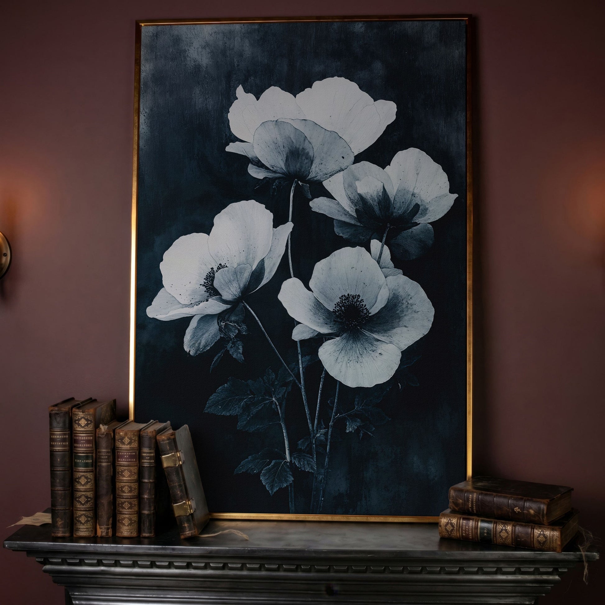 Gothic Floral Canvas with White Blooms on Indigo in rose gold floating frame
