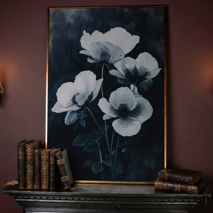 Gothic Floral Canvas with White Blooms on Indigo in rose gold floating frame