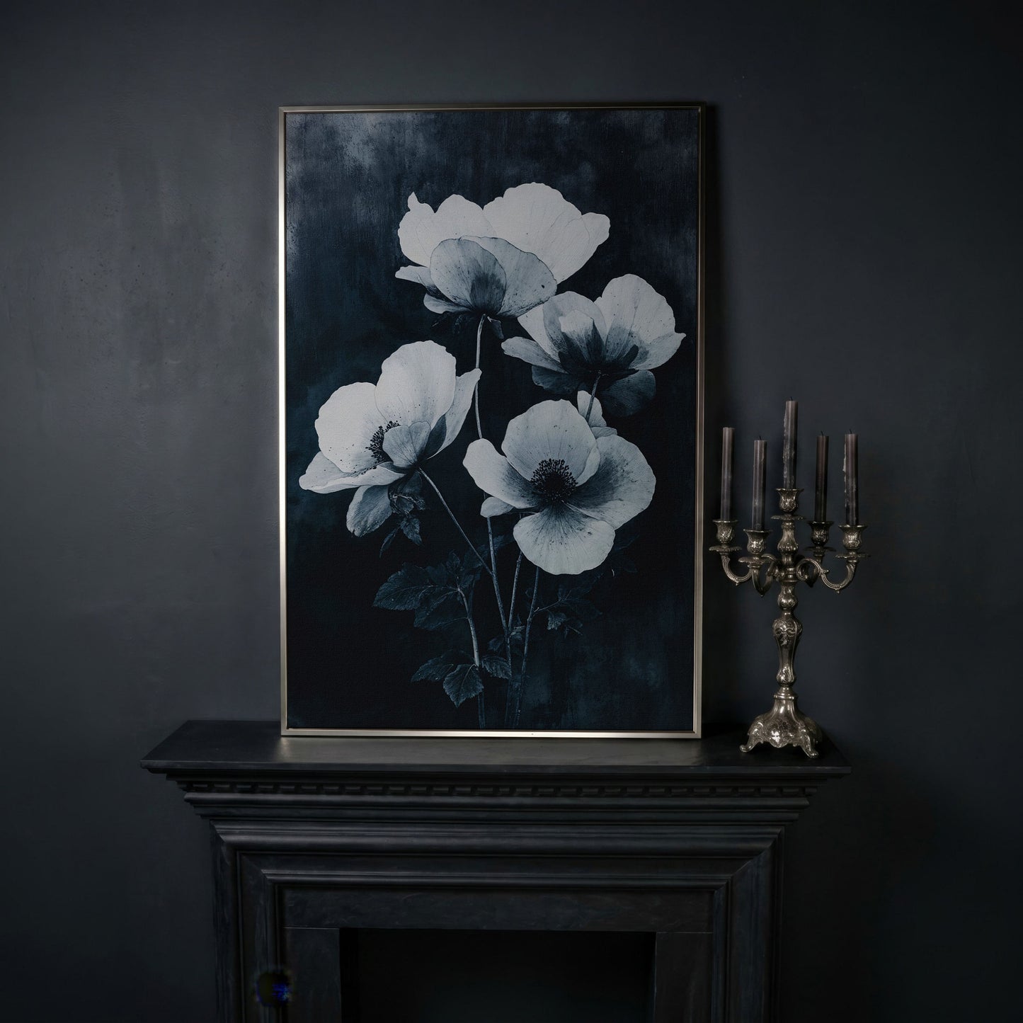 Gothic Floral Canvas with White Blooms on Indigo in silver floating frame