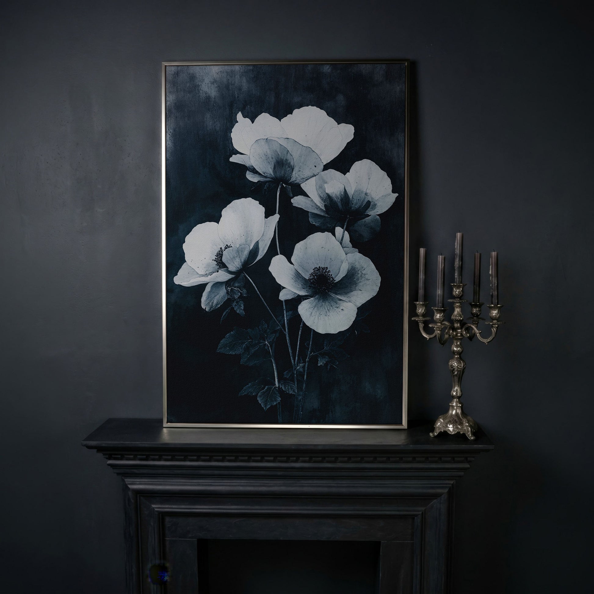 Gothic Floral Canvas with White Blooms on Indigo in silver floating frame