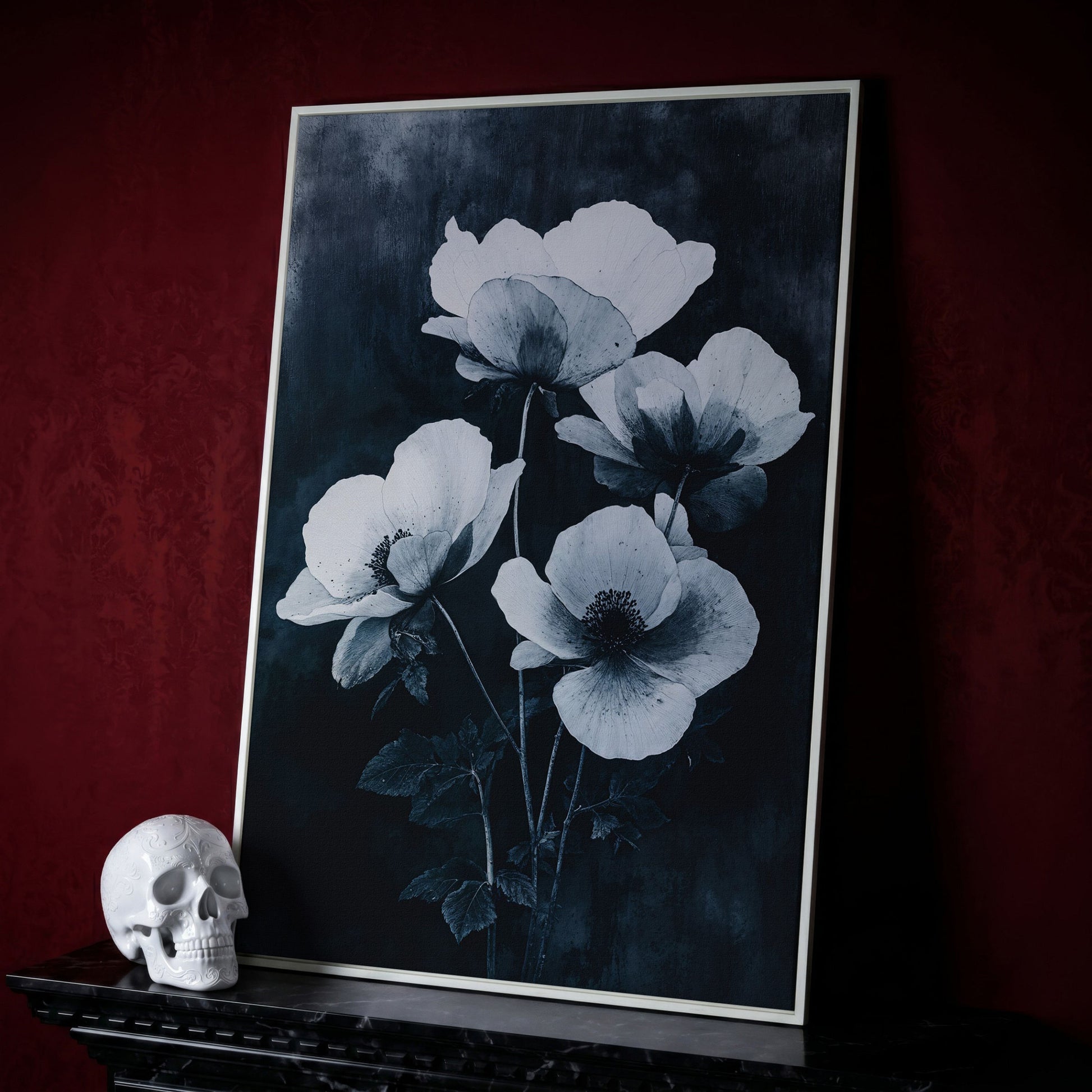 Gothic Floral Canvas with White Blooms on Indigo in white floating frame