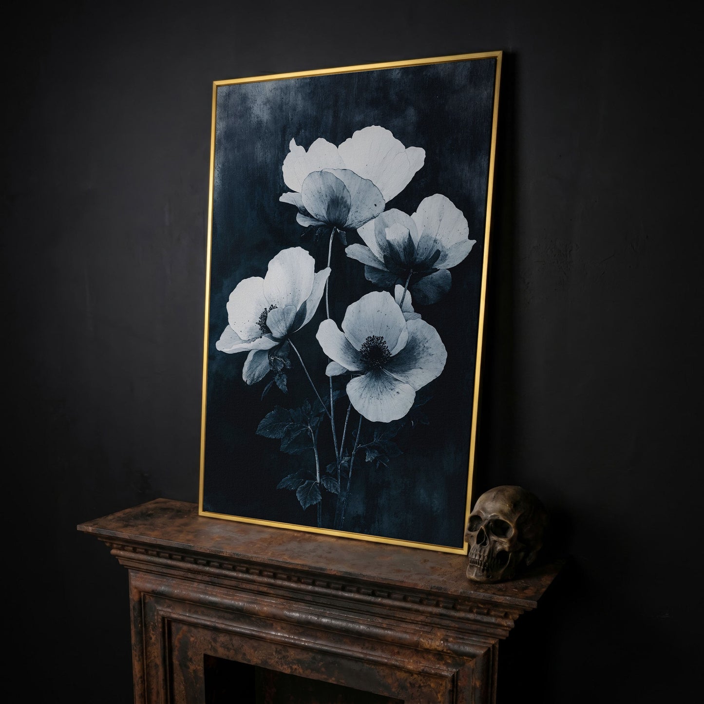 Gothic Floral Canvas with White Blooms on Indigo in yellow gold floating frame