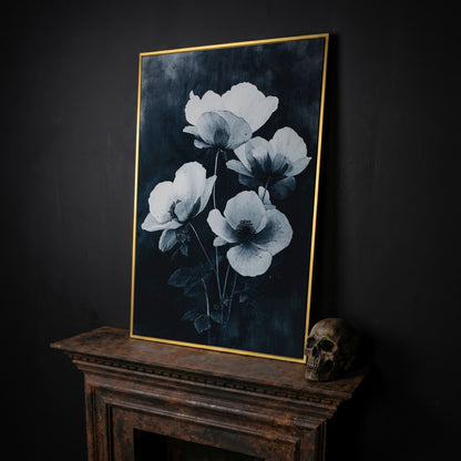 Gothic Floral Canvas with White Blooms on Indigo in yellow gold floating frame