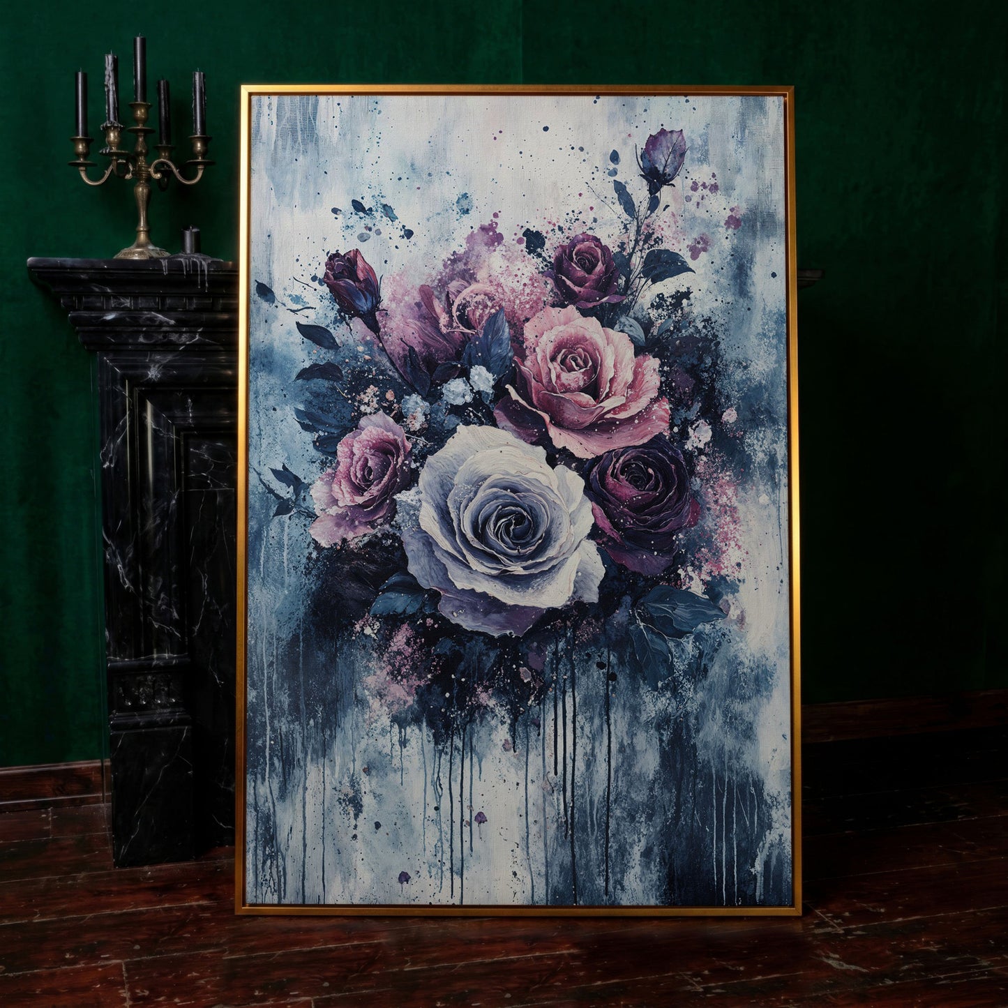 Bold Floral Bouquet Abstract Canvas in antique gold floating frame