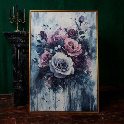 Bold Floral Bouquet Abstract Canvas in antique gold floating frame