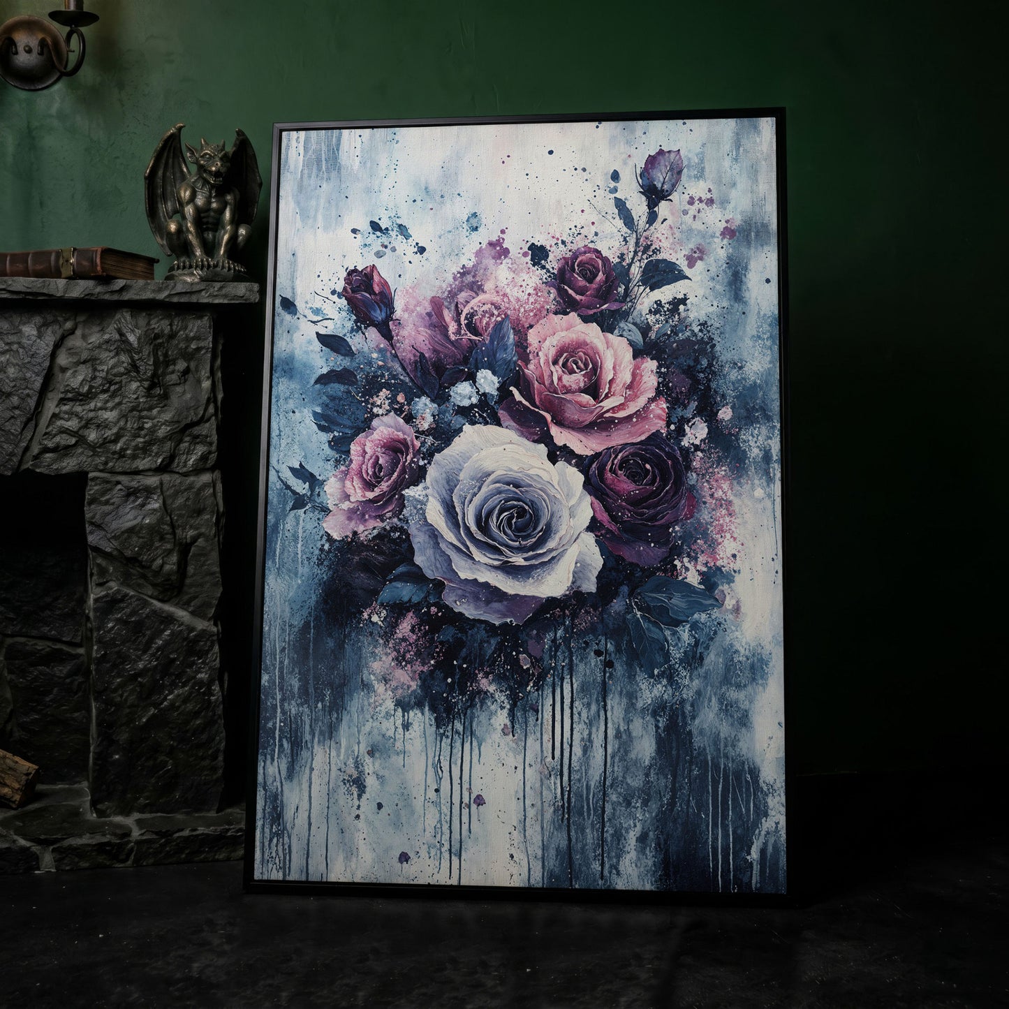 Bold Floral Bouquet Abstract Canvas in black floating frame