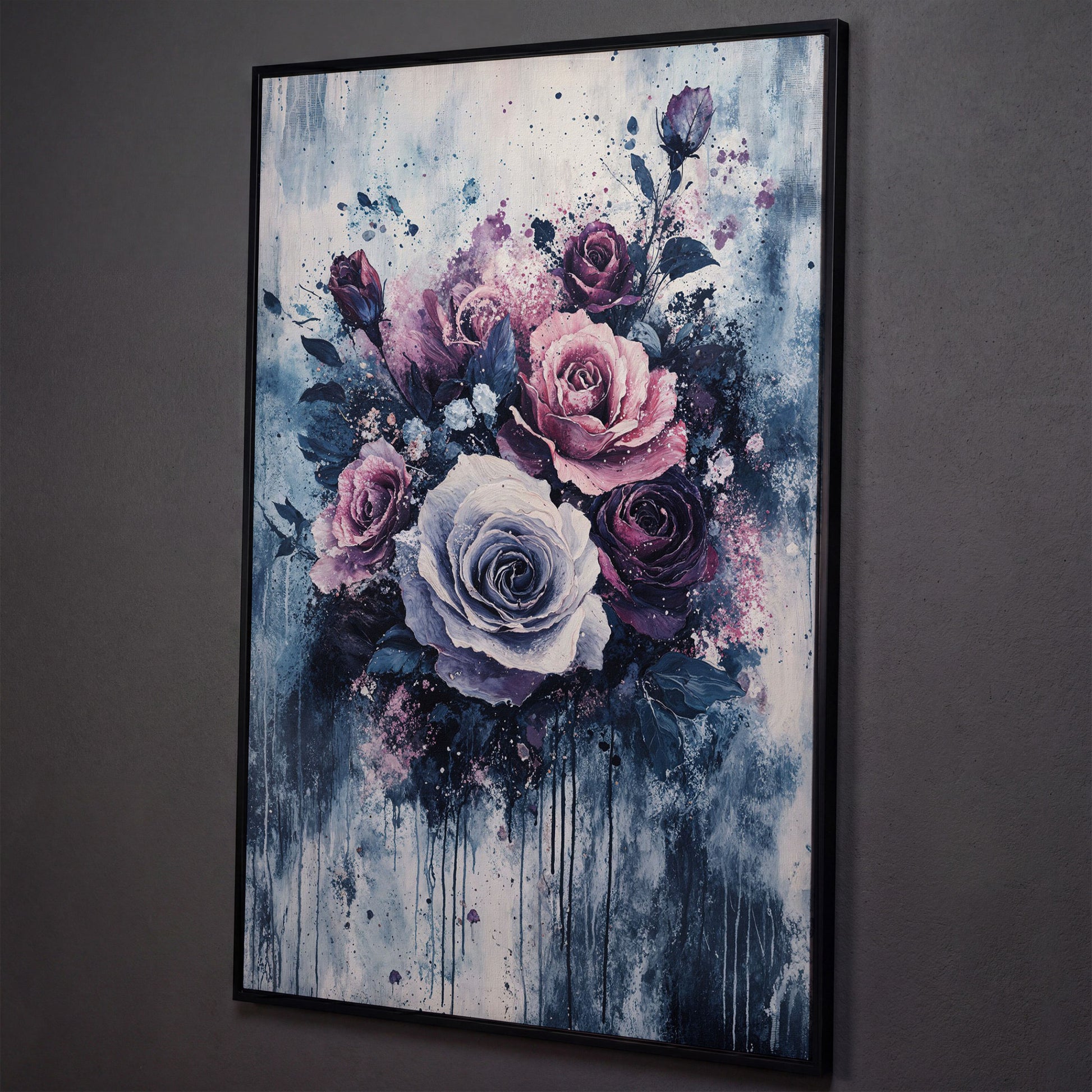 Bold Floral Bouquet Abstract Canvas shown in black floating frame