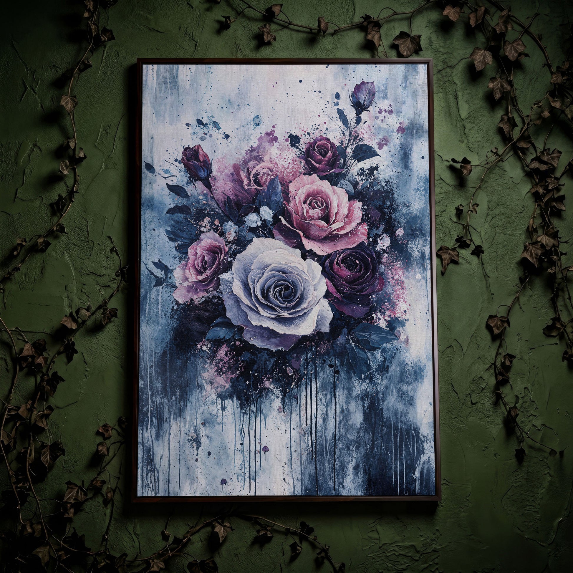 Bold Floral Bouquet Abstract Canvas in dark walnut floating frame