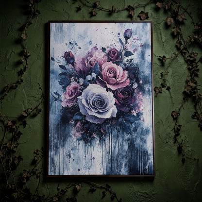 Bold Floral Bouquet Abstract Canvas in dark walnut floating frame