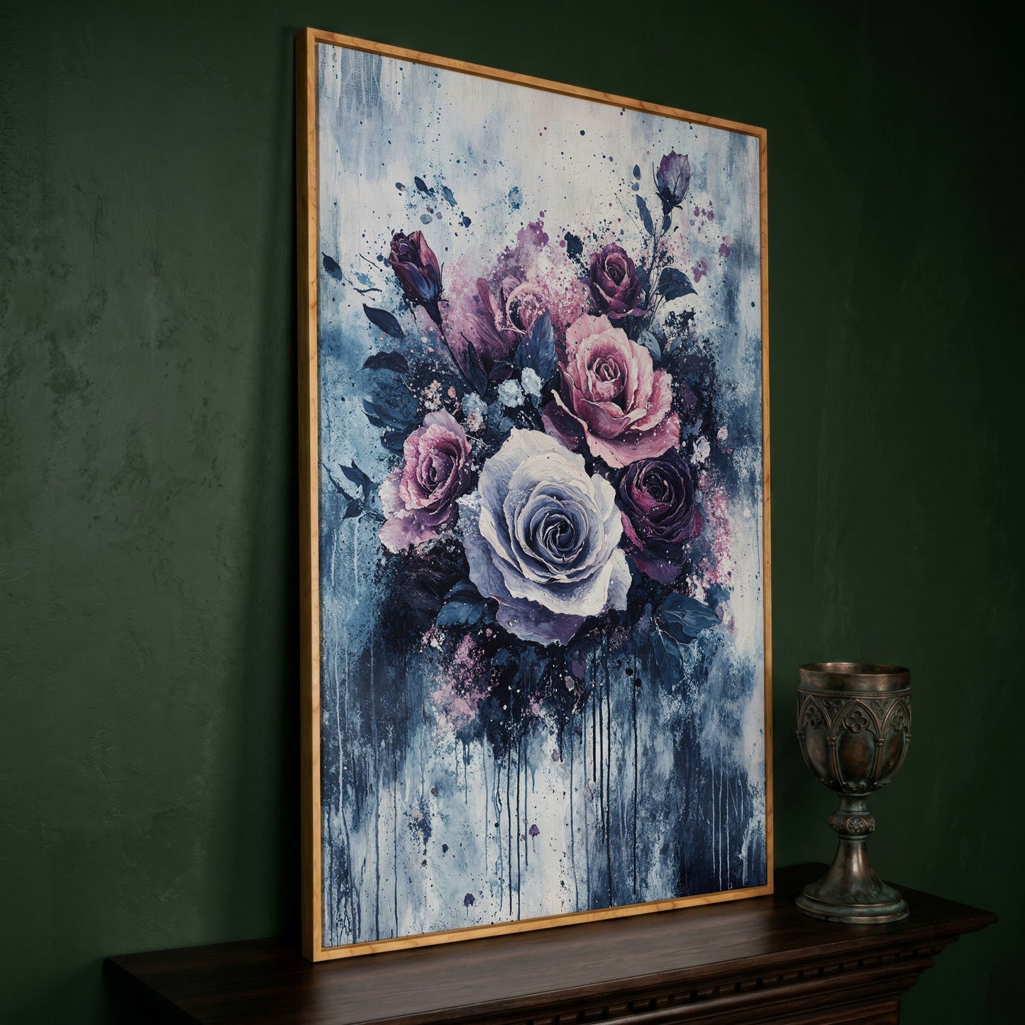 Bold Floral Bouquet Abstract Canvas in white oak floating frame