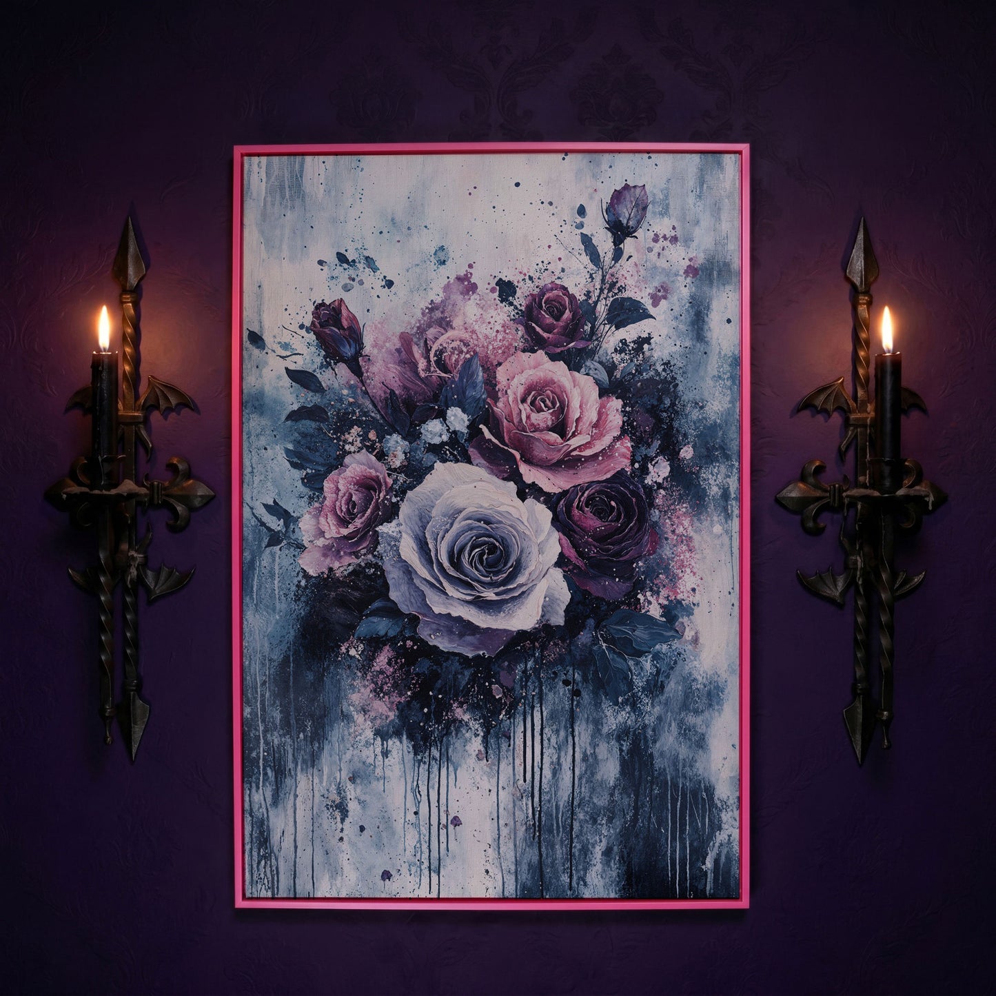 Bold Floral Bouquet Abstract Canvas in pink floating frame