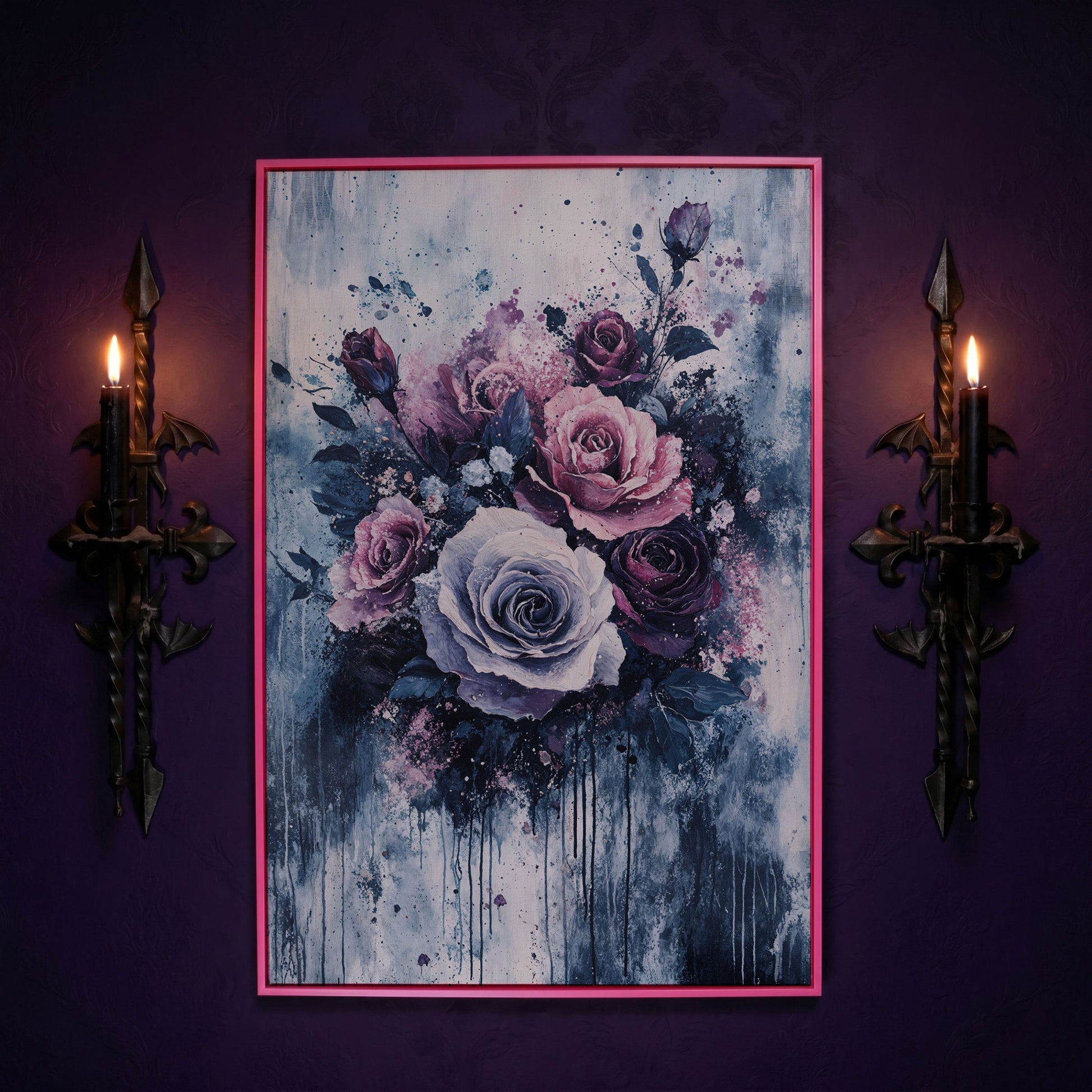 Bold Floral Bouquet Abstract Canvas in pink floating frame